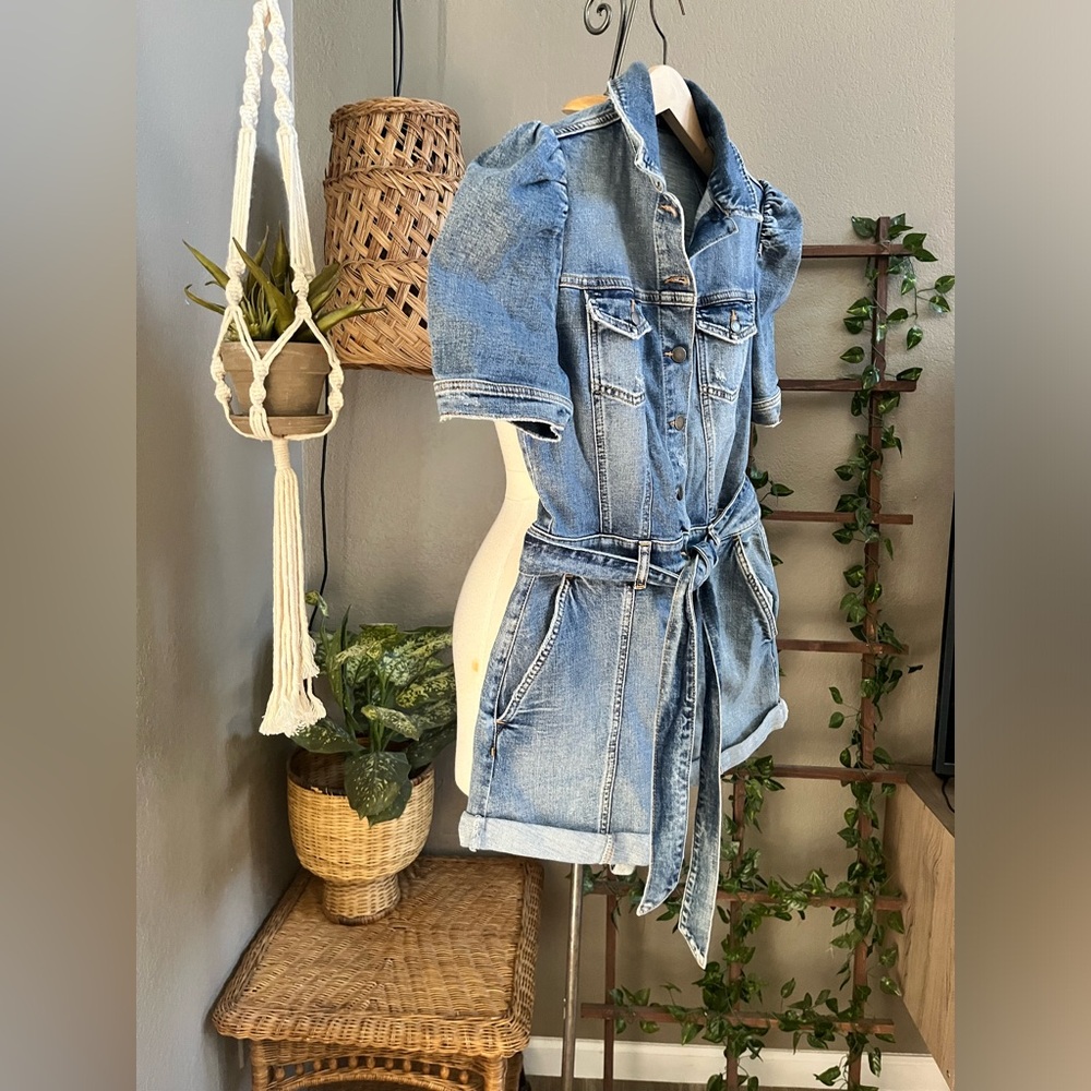 RETROFETE Phoebe Denim Romper Puff Sleeve Belted L - Picture 10 of 16